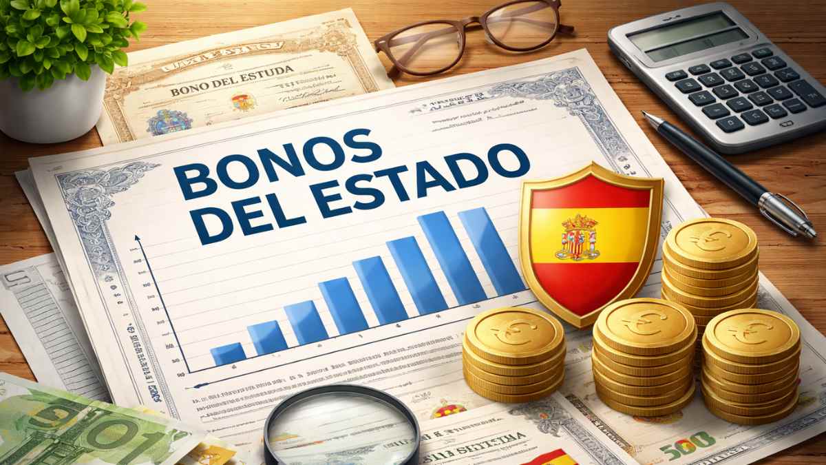 Ilustración sobre los bonos del Estado con gráfico de inversión, monedas y documentos financieros