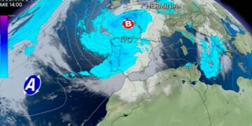 Mapa meteorológico con la borrasca Ivo acercándose a la Península Ibérica, mostrando precipitaciones y fuertes vientos.