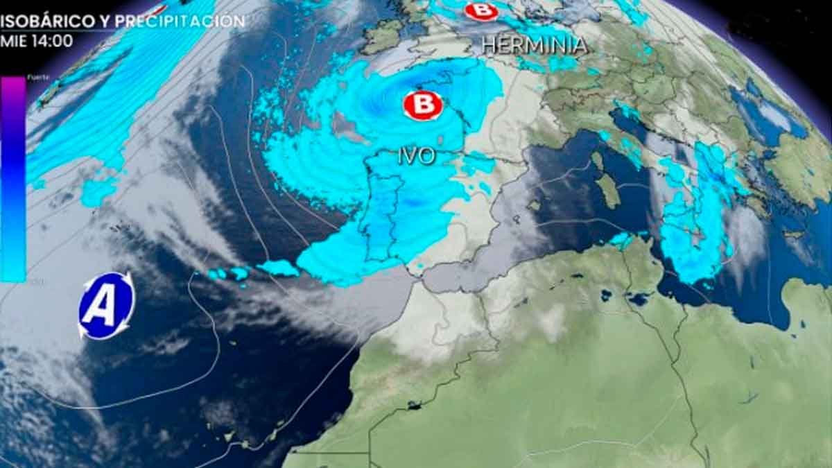 Mapa meteorológico con la borrasca Ivo acercándose a la Península Ibérica, mostrando precipitaciones y fuertes vientos.