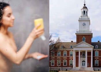 Mujer duchándose junto a una imagen de la Universidad de Harvard, destacando un estudio sobre la ducha diaria y la salud.