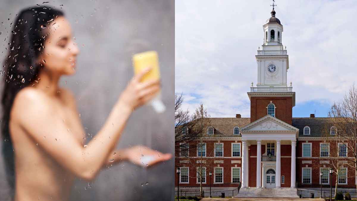 Mujer duchándose junto a una imagen de la Universidad de Harvard, destacando un estudio sobre la ducha diaria y la salud.