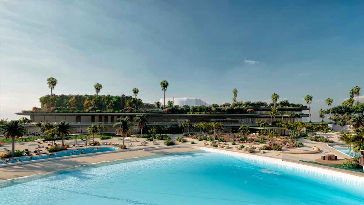 Playa artificial en Madrid con el parque de olas más grande de Europa, un destino de surf urbano con tecnología sostenible.