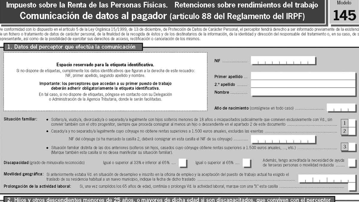 Modelo 145: formulario clave para calcular retenciones del IRPF y ajustar el sueldo neto en la nómina.