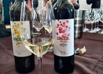 Botellas de vino Concejal D.O. Valdepeñas sobre una mesa con copa de vino blanco en primer plano.