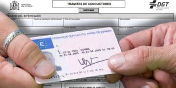 Persona entregando un carnet de conducir español con fondo de documentos de la DGT. La Dirección General de Tráfico facilita la renovación gratuita para mayores de 70 años.