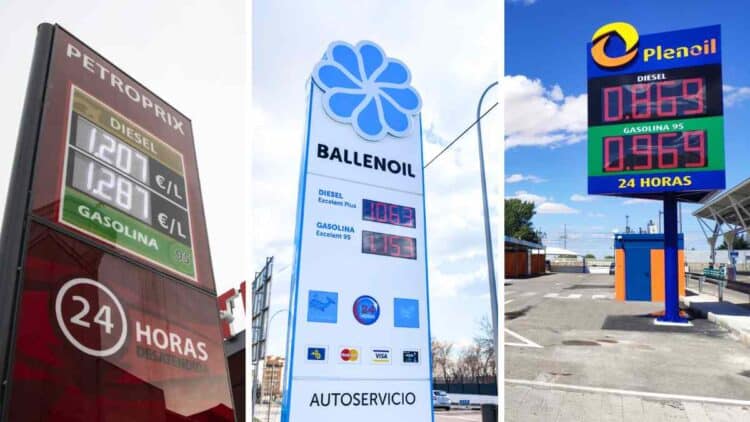 Carteles de las gasolineras Petroprix, Ballenoil y Plenoil en Madrid mostrando los precios del diésel y la gasolina.