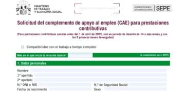 Formulario de solicitud del complemento de apoyo al empleo (CAE) del SEPE para beneficiarios de prestaciones contributivas