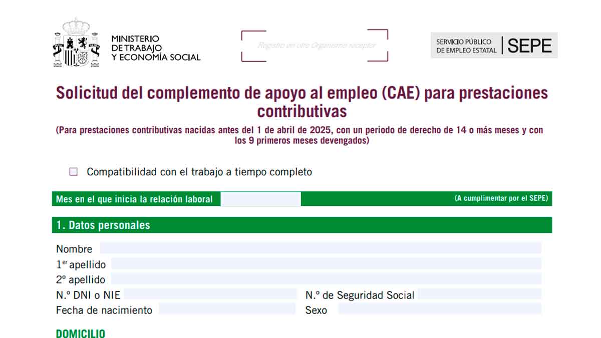 Formulario de solicitud del complemento de apoyo al empleo (CAE) del SEPE para beneficiarios de prestaciones contributivas