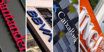 Logotipos de Banco Santander, BBVA, CaixaBank e ING para saber cuándo se cobra el paro en abril de 2025