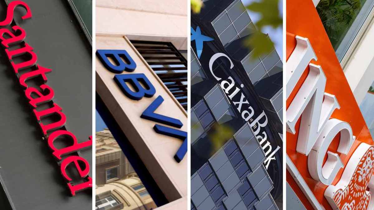Logotipos de Banco Santander, BBVA, CaixaBank e ING para saber cuándo se cobra el paro en abril de 2025