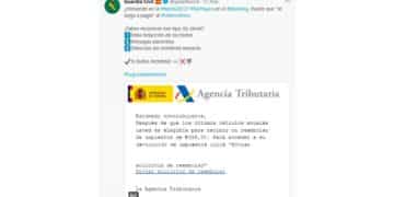 Tweet de la Guardia Civil que alerta sobre phishing en la declaración de la renta con ejemplo de correo falso de la Agencia Tributaria