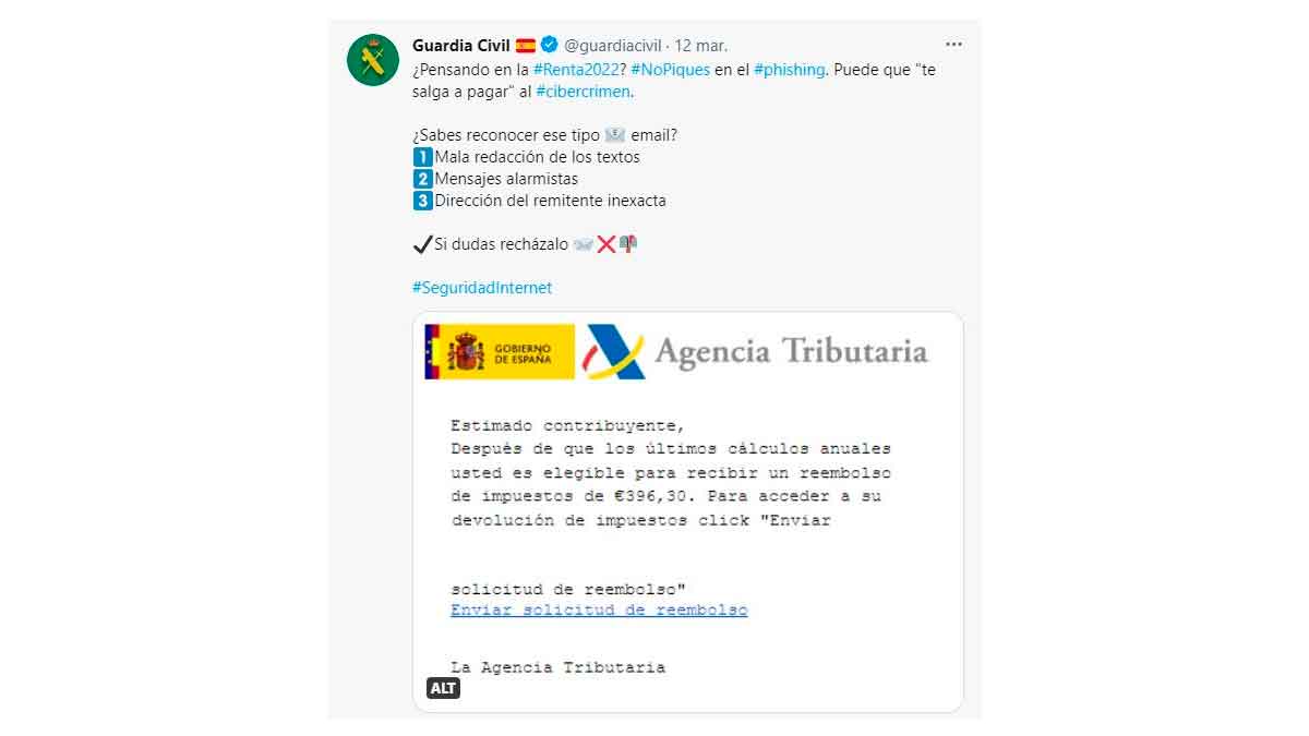 Tweet de la Guardia Civil que alerta sobre phishing en la declaración de la renta con ejemplo de correo falso de la Agencia Tributaria
