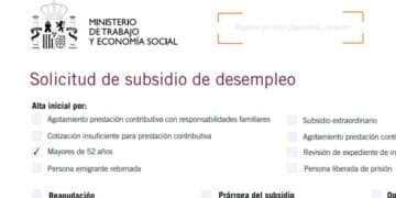 Formulario del SEPE para solicitar el subsidio de desempleo para mayores de 52 años