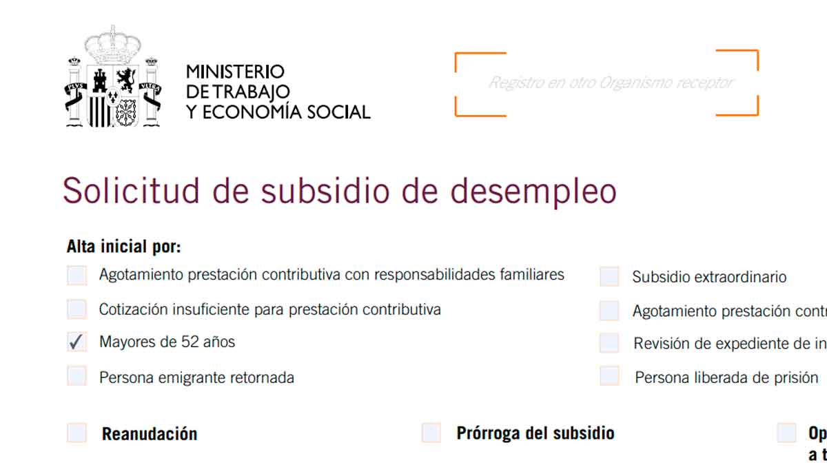 Formulario del SEPE para solicitar el subsidio de desempleo para mayores de 52 años