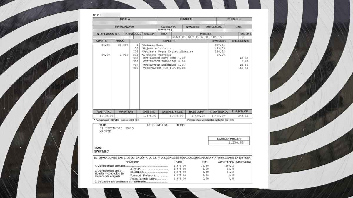 Detalle de nómina con información sobre antigüedad, categoría profesional y salario neto