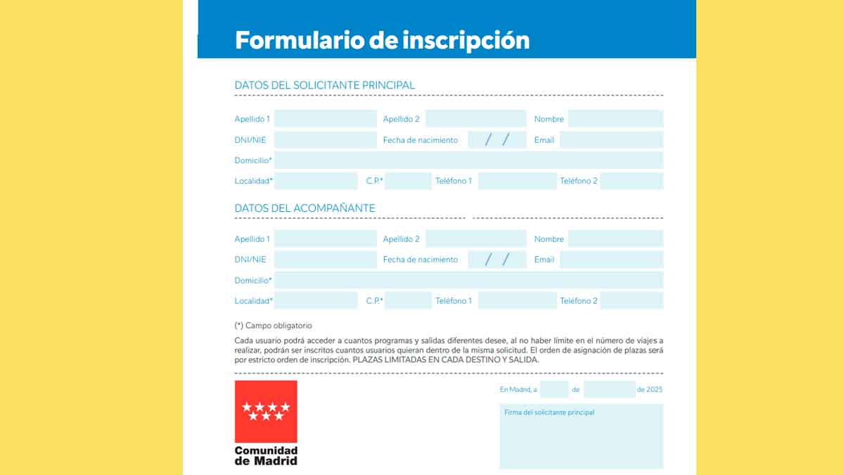Formulario de inscripción de las Rutas Culturales 2025 de la Comunidad de Madrid para mayores de 55 años