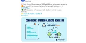 Cartel del Ayuntamiento de Madrid anunciando alerta naranja por condiciones meteorológicas adversas el 30 de mayo de 2025