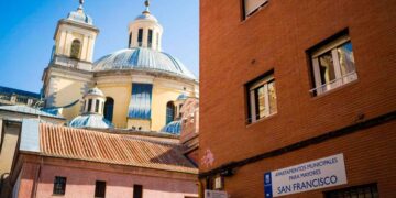 Fachada y rótulo de los apartamentos municipales para mayores San Francisco del Ayuntamiento de Madrid