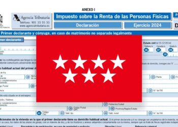 Formulario IRPF Renta 2024 con bandera de la Comunidad de Madrid y texto sobre deducciones fiscales de hasta 1 000 euros