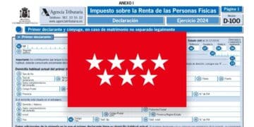 Formulario IRPF Renta 2024 con bandera de la Comunidad de Madrid y texto sobre deducciones fiscales de hasta 1 000 euros