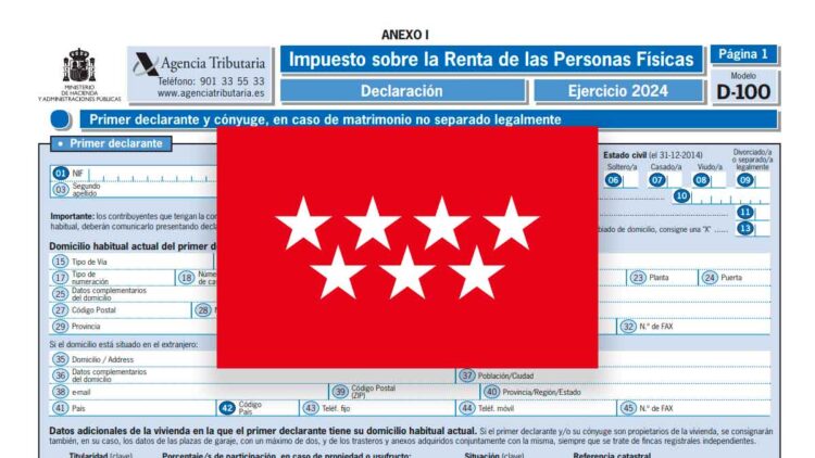 Formulario IRPF Renta 2024 con bandera de la Comunidad de Madrid y texto sobre deducciones fiscales de hasta 1 000 euros