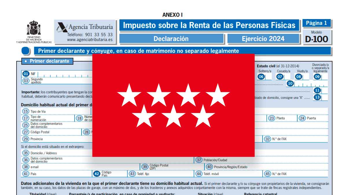 Formulario IRPF Renta 2024 con bandera de la Comunidad de Madrid y texto sobre deducciones fiscales de hasta 1 000 euros