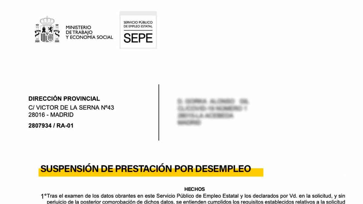 Notificación oficial del SEPE sobre suspensión de prestación por desempleo, la conocida “carta del miedo”, con membrete del Ministerio de Trabajo