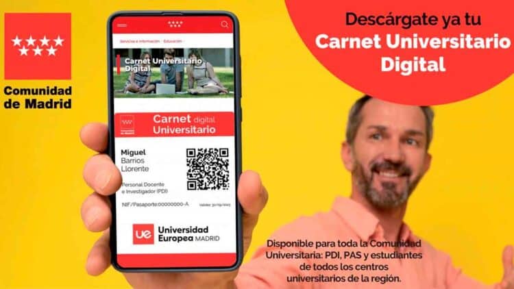 Carnet Universitario Digital de la Comunidad de Madrid en dispositivo móvil con beneficios para estudiantes, docentes y personal universitario