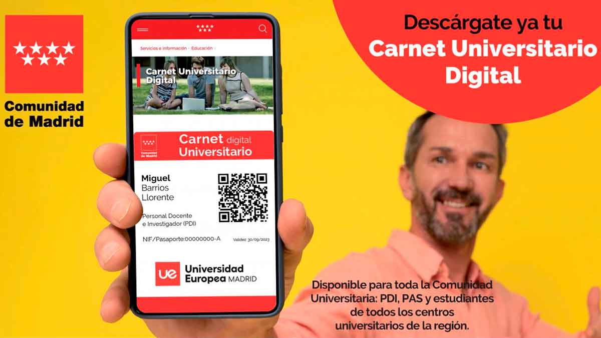 Carnet Universitario Digital de la Comunidad de Madrid en dispositivo móvil con beneficios para estudiantes, docentes y personal universitario