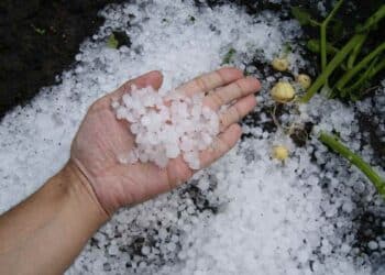 Mano sosteniendo granizo acumulado tras la tormenta que sorprendió a Madrid el 6 de mayo de 2025, según la previsión de la AEMET