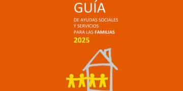 Portada oficial de la Guía de Ayudas Sociales y Servicios para las Familias 2025 del Ministerio de Derechos Sociales, fondo naranja con icono de casa y cuatro figuras familiares
