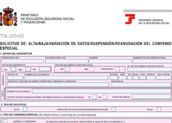 Formulario TA.0040 de la Seguridad Social para solicitar el convenio especial y cotizar sin estar trabajando