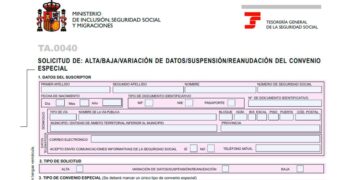 Formulario TA.0040 de la Seguridad Social para solicitar el convenio especial y cotizar sin estar trabajando