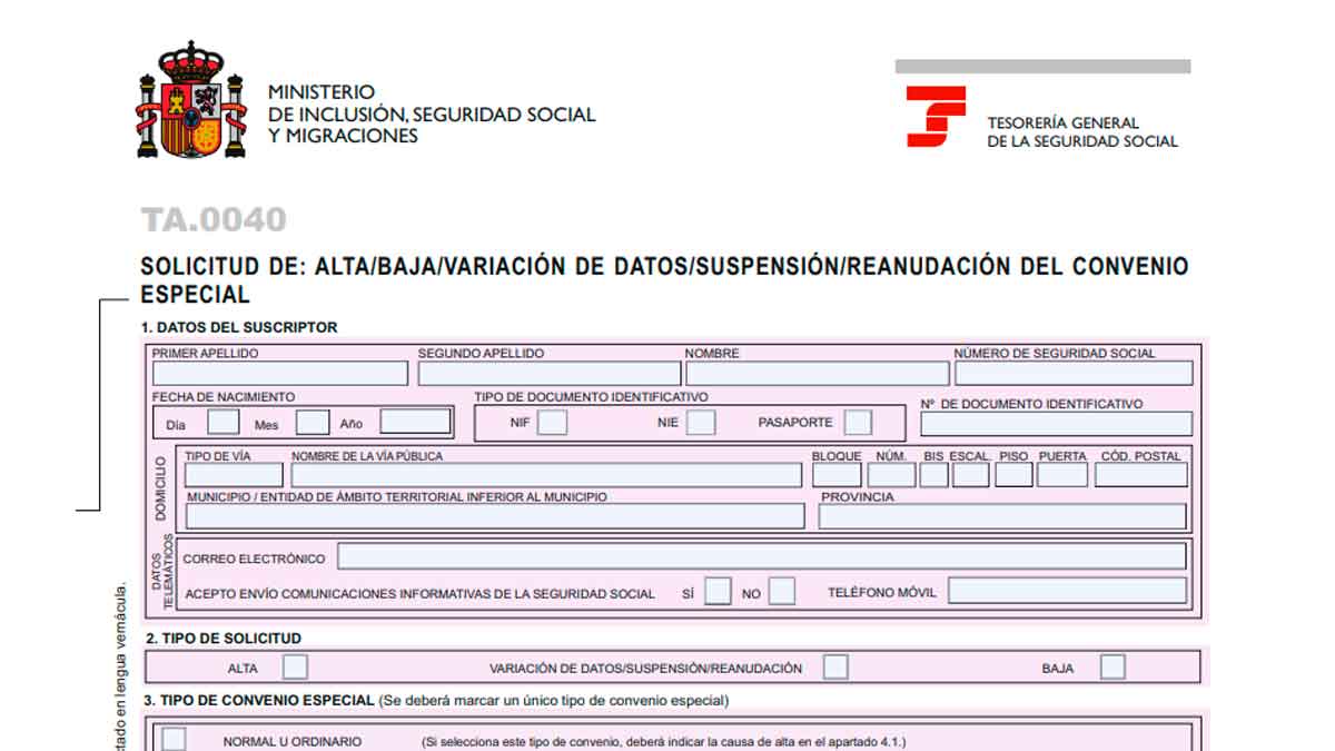 Formulario TA.0040 de la Seguridad Social para solicitar el convenio especial y cotizar sin estar trabajando