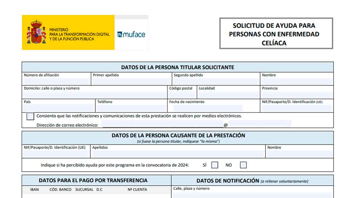 Formulario MUFACE 2025 para solicitar la ayuda de 400 € a mutualistas con enfermedad celíaca y gastos en dieta sin gluten