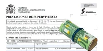 Formulario de prestaciones de supervivencia del INSS con un rollo de billetes, símbolo de la nueva pensión de orfandad para mayores de 52 años
