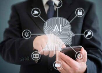 Ejecutivo consultando smartphone con ilustración de Inteligencia Artificial y iconos tecnológicos