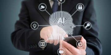 Ejecutivo consultando smartphone con ilustración de Inteligencia Artificial y iconos tecnológicos