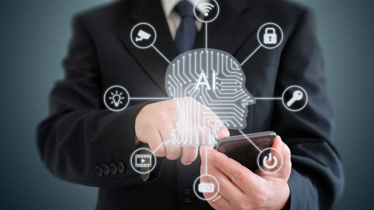 Ejecutivo consultando smartphone con ilustración de Inteligencia Artificial y iconos tecnológicos