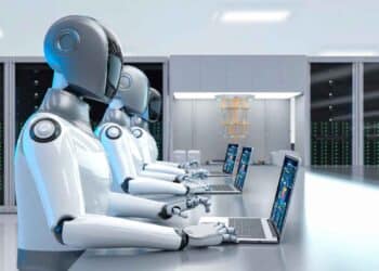 Robots humanoides frente a ordenadores portátiles en un centro de datos, ilustrando la automatización de trámites en la administración madrileña