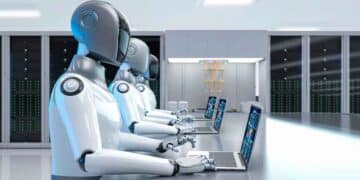 Robots humanoides frente a ordenadores portátiles en un centro de datos, ilustrando la automatización de trámites en la administración madrileña