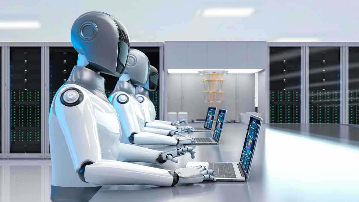 Robots humanoides frente a ordenadores portátiles en un centro de datos, ilustrando la automatización de trámites en la administración madrileña