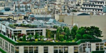Azotea verde con jardín y árboles en un edificio de Madrid, impulsada por las subvenciones municipales para cubiertas vegetales