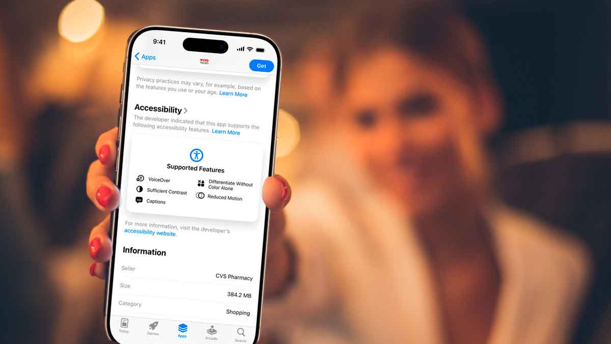 iPhone mostrando la sección de accesibilidad en el App Store con iconos de VoiceOver, Contraste Suficiente, Subtítulos y Movimiento Reducido