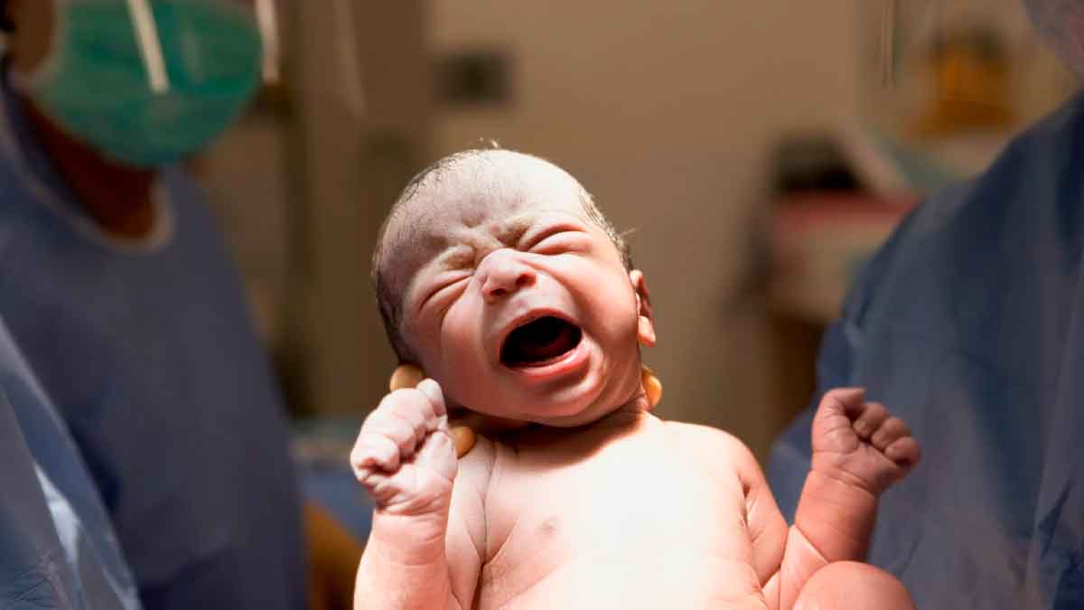 Recién nacido llorando en el paritorio, momento previo a los trámites y ayudas que deben gestionarse tras el nacimiento