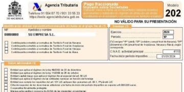 Ejemplo del Modelo 202 de pago fraccionado del Impuesto sobre Sociedades ejercicio 2024.