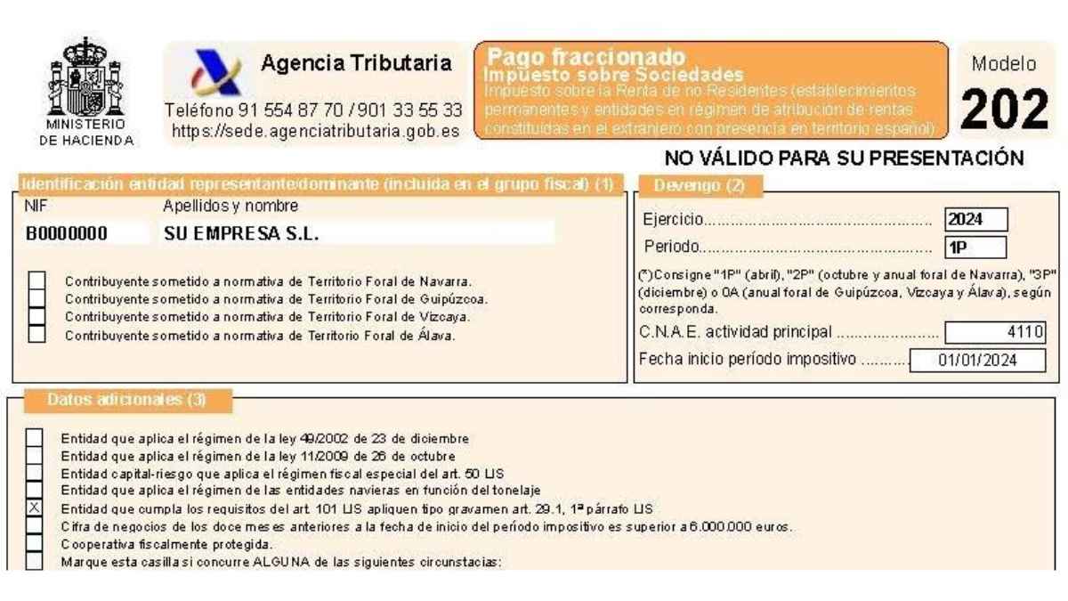 Ejemplo del Modelo 202 de pago fraccionado del Impuesto sobre Sociedades ejercicio 2024.