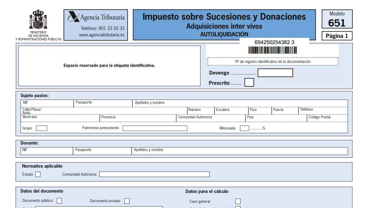 Ejemplar del Modelo 651 de la Agencia Tributaria para declarar donaciones entre padres e hijos y evitar sanciones fiscales