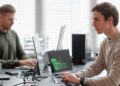 Profesionales jóvenes programando IA y ciberseguridad en una oficina, ejemplo de formación especializada demandada en 2025