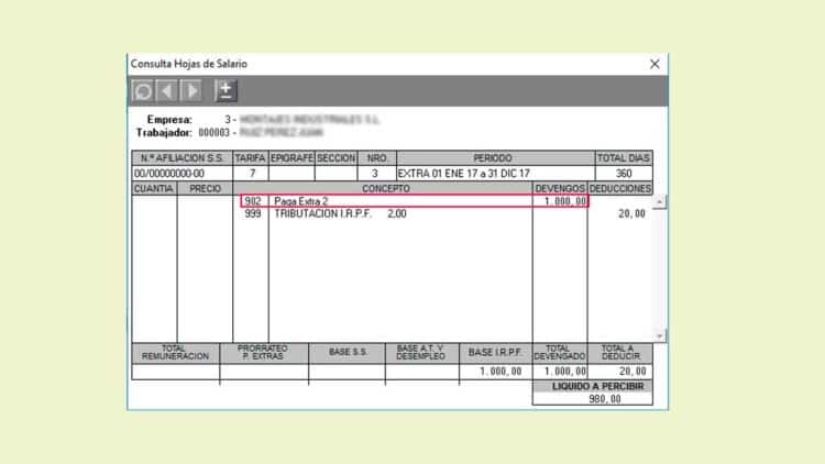 Detalle de nómina mostrando la paga extra de verano de 1.000 €, fruto de la reciente subida del SMI